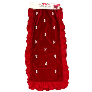 Red Velvet Table Runner White Bow Trim w Ruffles 16x80” Valentine's Day Coquette